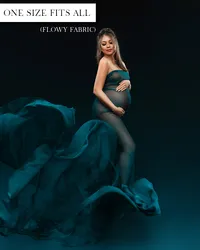 Sheer teal maternity gown with a strapless neckline, fitted silhouette, and a voluminous flowing train.