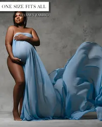 Light blue maternity gown with a strapless neckline, open front, and long train sweeping to the side.