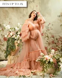 Peach maternity gown with an off-the-shoulder neckline, sheer tiered skirt, and layered ruffle sleeves.