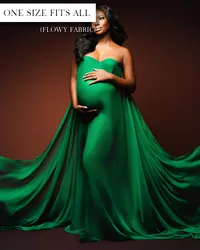 Strapless emerald green maternity gown with a flowing train from Kelsey Freeman's client closet.
