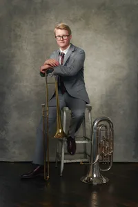 Tuba and euphonium senior portrait with bold editorial styling in st. paul studio