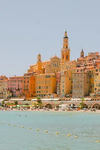 Colorful city of Menton in France Cote d'Azur right next to Italy. Colorful buildings in the South of France hidden gem. Emily in Paris.