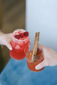 Two guests holding raspberry and cinnamon-garnished cocktails in daylight