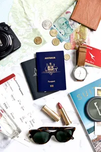 Lifestyle-inspired product photography flat lay featuring travel essentials and accessories for brand storytelling