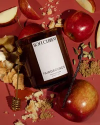 Overhead shot of Soft Current Fairgrounds candles nestled in crumbled apple pie, with a bitten apple, honey dipper, cardamom, and brown sugar on red. Food styling by Chelsea Loren.