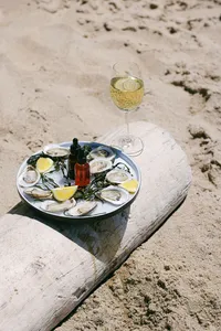 Plate of oysters and a glass of white wine set on driftwood in the sand