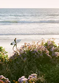 Surfer carrying a board along Del Mar beach at golden hour, framed by blooming sea lavender near L’Auberge Del Mar, coastal resort photography