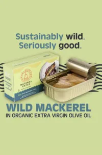 Natural Catch Wild Mackerel in organic extra virgin olive oil ad, "Sustainably wild. Seriously good.", with the box and open tin on pale green