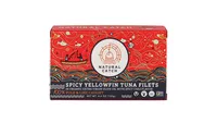 Front of the Natural Catch Spicy Yellowfin Tuna Filets box, red illustrated packaging on white