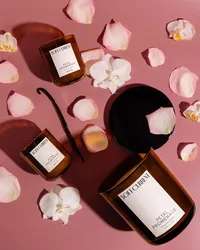 Overhead flat lay of Soft Current Petal Promenade candles, full-size and mini, scattered with rose petals, white orchids, and a vanilla bean on dusty pink. Home fragrance photography by Chelsea Loren.