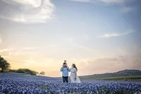 Picture of family walking in the bluebonnets at Muleshoe Bend, near San Antonio, Texas