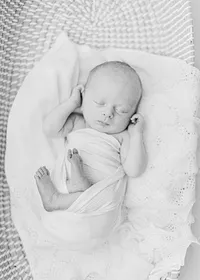 Black and white photo of a newborn baby boy laying down in a basket for his newborn session in a Dallas photography studio.