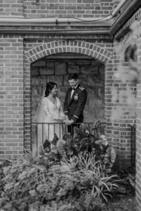 Bride looking at groom who is in a military uniform in Asheville, North Carolina