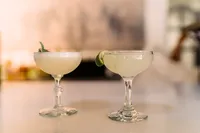 Close-up of two elegant cocktails garnished with herbs and lime, sitting on a white countertop ready for a celebration.