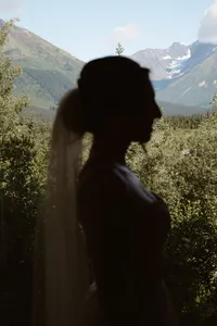 Silhouette of the bride in her veil framed against a sunlit Alaska valley and towering green mountains