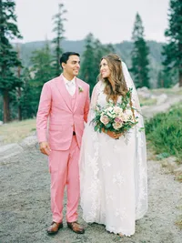 film photo of bride and groom looking at each other at heavenly mountain top wedding