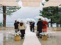 rainy wedding ceremony at The Landing Resort Tahoe