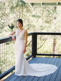 film photo of brides portraits on the balcony