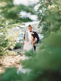 bride and groom First look moment at Gar Woods