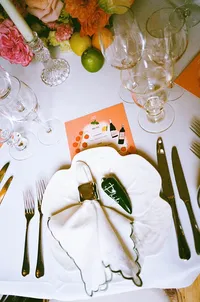 Direct flash film wedding photo of colourful table setting at Dartmouth house wedding on film