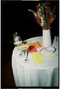 Night detail photo of a table with drinks at a wedding party in London Barbican