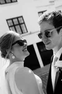 editorial wedding portrait of bride and groom wearing sunglasses close up photo