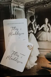 Detail photo of wedding stationery and engagement ring at a London hotel