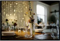 Cinematic wedding photography taken on film of reception tables at trinity buoy wharf