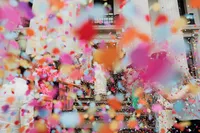 colourful pink bright colour confetti shower on the marylebone town hall