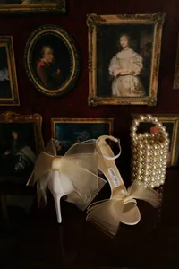 detail shot of designer wedding shoes in an editorial style