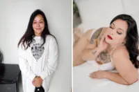 aBefore and after boudoir makeover: woman in a white sweatshirt, then glamorous in white lingerie with red lipstick lying on a bed, Los Alamitos boudoir photography