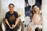 aBefore and after boudoir makeover: woman in a black T-shirt, then posing in white lingerie against a dark floral backdrop, Los Alamitos boudoir photography