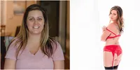 aBefore and after boudoir makeover: brunette in a pink T-shirt, then posing in red lingerie and stockings by a bright window, Los Alamitos boudoir photography