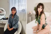 aBefore and after boudoir makeover: woman in a denim jacket with no makeup, then kneeling on a bed in green lingerie with styled hair, Los Alamitos boudoir photography