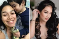 aBefore and after boudoir makeover: smiling mom in a selfie with her young son, then a glamorous portrait in black lace lingerie, Los Alamitos boudoir photography