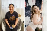 aBefore and after boudoir makeover: woman in a black T-shirt, then posing in white lingerie against a dark floral backdrop, Los Alamitos boudoir photography