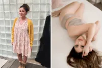 aBefore and after boudoir makeover: woman in a floral dress and yellow cardigan, then lying on a white bed in nude lace lingerie, overhead view, Los Alamitos boudoir photography