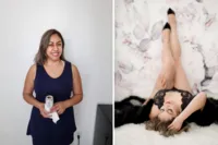 aBefore and after boudoir makeover: woman in a navy dress holding a drink, then lying with legs raised in black lingerie on floral bedding, Los Alamitos boudoir photography