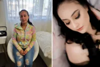 aBefore and after boudoir makeover: woman in a pastel hoodie seated in the studio, then a soft glam close-up portrait with dark hair and full makeup, Los Alamitos boudoir photography