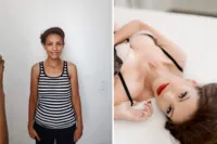 aBefore and after boudoir makeover: woman in a striped tank top, then reclining on a white bed in black lingerie with red lipstick, Los Alamitos boudoir photography