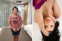 aBefore and after boudoir makeover: woman in a pink T-shirt and jean shorts in the studio, then lying upside down on a bed in magenta lingerie with glam makeup, Los Alamitos boudoir photography