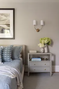 Coastal Beach House style bedroom project designed by Glass House Design Group in Boston. Effortlessly chic New England interior design that works for real life.