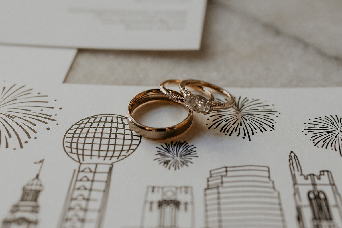 close up of a bride and grooms rings on their invitations