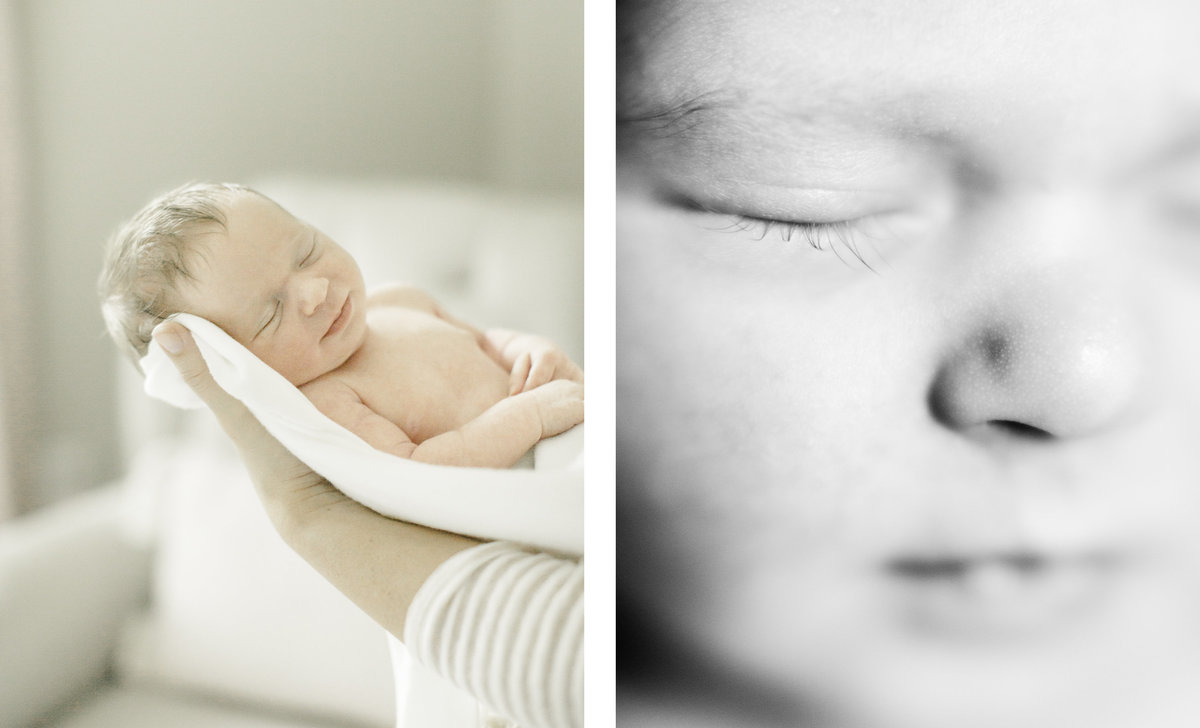 two portraits of newborn girl beign held and a black and white portrait of newborn baby girls sleeping face