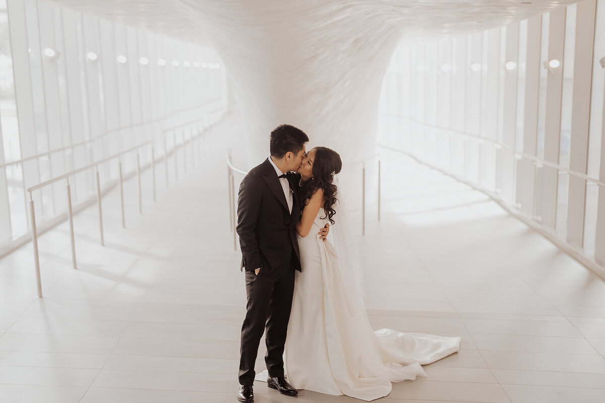 A bride and groom kiss under a veil, with symmetrical lines in soft focus.