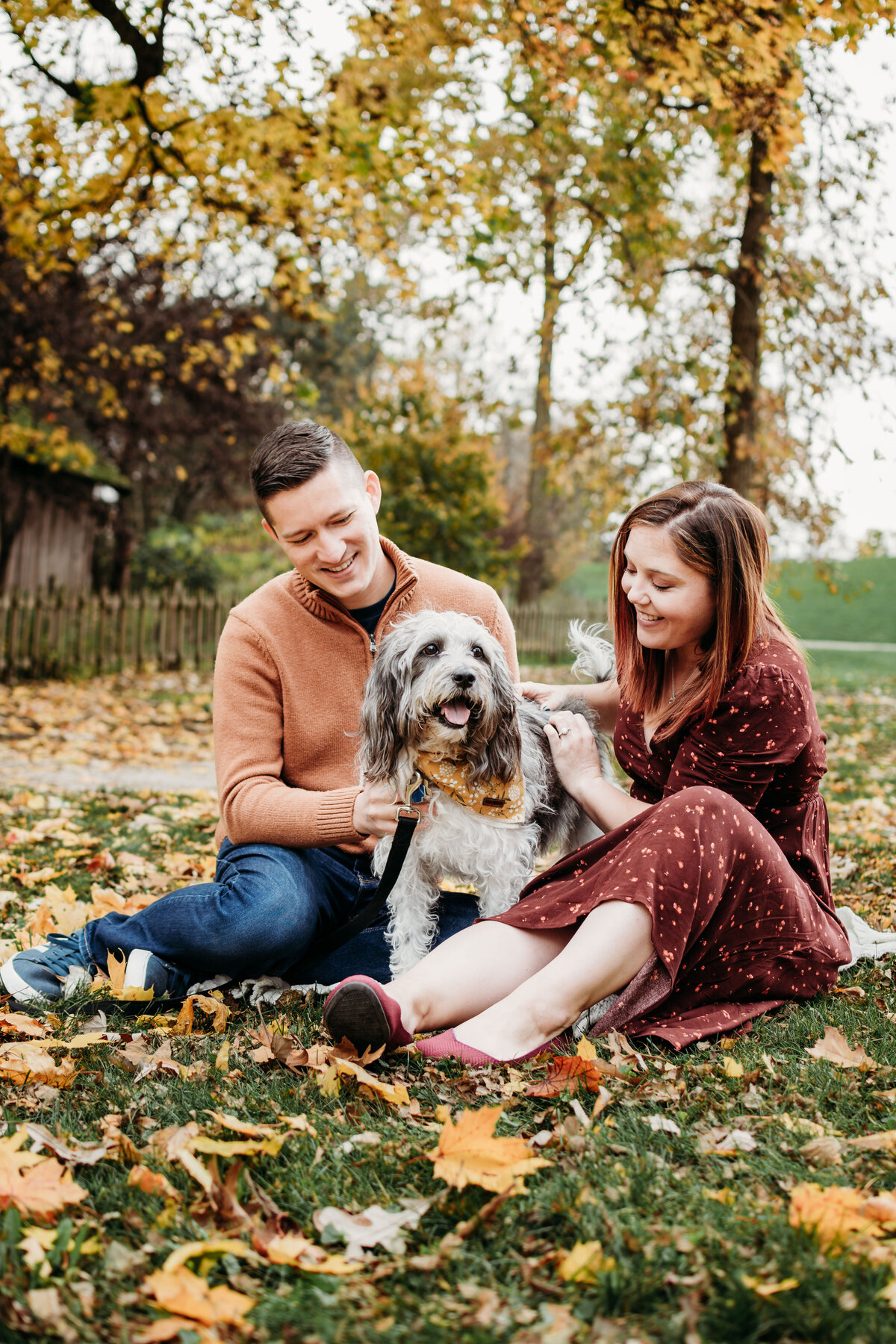 Engagement photo shoot outdoors in Batavia, IL, with couple in love.