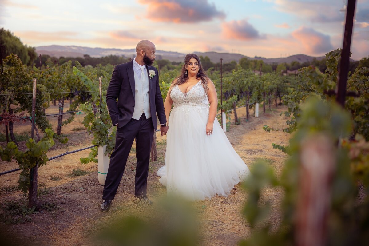 Couple poses for wedding portrait in vineyard. Bride looks off into the distance and groom look at bride.  Photo by Sacramento wedding photographer, philippe studio pro.