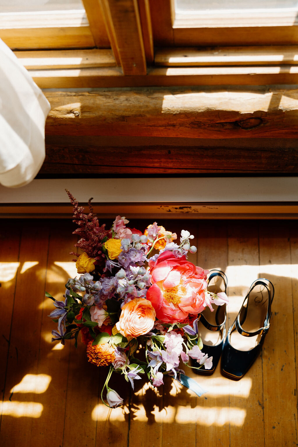 Colorful wedding bouquet flatlay
