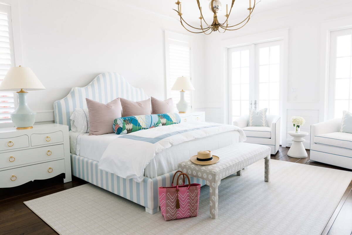 oyster creek studios galveston beach remodel blue and white striped bed beach bag