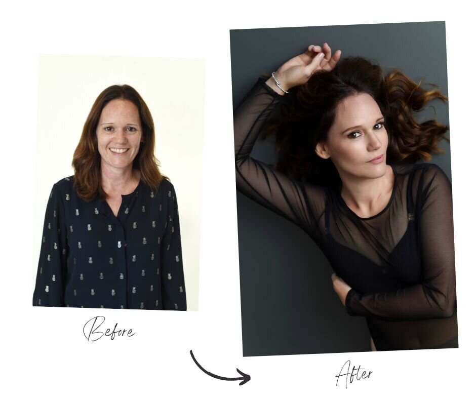 Before and after glamour portrait of a woman in Toronto, pre-makeover and post-professional styling